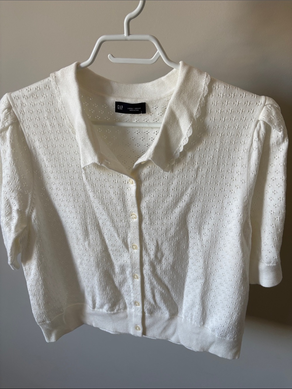 GAP White Eyelet Short Sleeve Button-Up Cardigan with Scalloped Collar